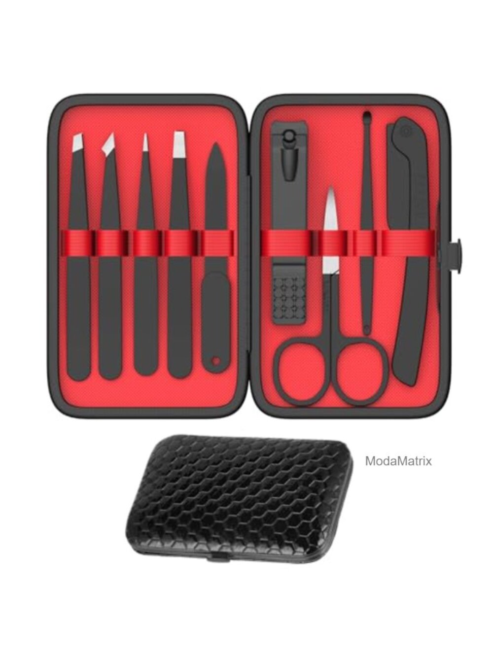 Precision Stainless Steel Tweezers & Nail Clipper Set 9 Pc with Leather Travel